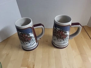 2 tazas Budweiser 1989 Holiday Beer Stein Clydesdale Collectors DE COLECCIÓN ORIGINAL  - Imagen 1 de 7