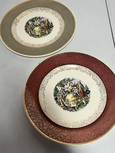 2- VTG Warranted 22 Karat Gold Dinner Plates Royal China Green/Red Godey Print-2 - Picture 1 of 4