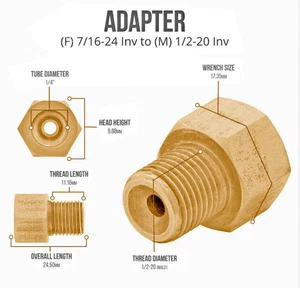 Brass Brake Line Adapter – 1/2-20 Inverted Flare to 7/16-24 th (1/4" brake) - Bild 1 von 5