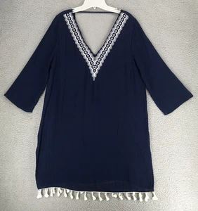 Cubierta de playa Kona Sol talla L escote bordado dobladillo con flecos azul marino - Imagen 1 de 9