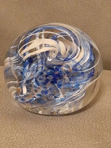 Art Glass Paperweight Blue White Swirl Control Bubbles Artist Signed  - Picture 1 of 6