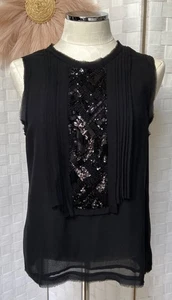 VINCE 100% Silk Black Beaded Sleeveless Pleated Blouse Top Size 10 - Picture 1 of 13