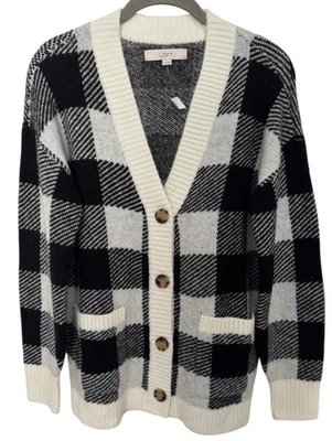 Cárdigan Loft XS Cuadros Botón Novio Botón Gran Tamaño Negro Blanco Bolsillos Foto 1 de 4