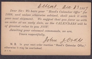 1887 Postkarte Hood's Calendar Angebot Detroit - Bild 1 von 2