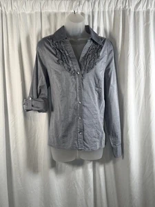 Ann Taylor Loft Ruffled Bib Roll Tab Sleeves Shirt, Chambray Blue, Sz: 12 84-41 - Picture 1 of 13