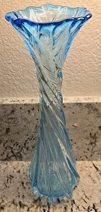 Vintage Mid Century Swung Glass Vase Light Blue Large Ribbed Twisted 3 Petal 20” - Picture 1 of 10