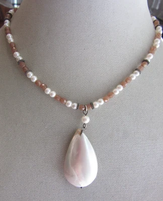 Carolee faux pearl and tan acrylic bead necklace with Mother of pearl pendant - Image 1 of 4