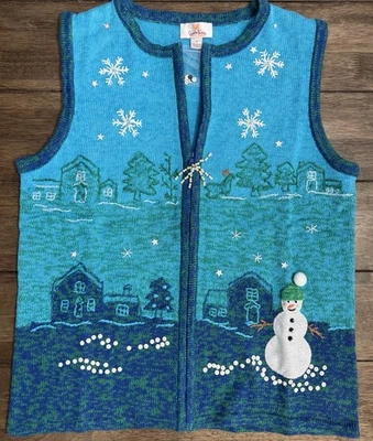 Quacker Factory Teal/Green Sequin Christmas Snowman Village Zip Vest Size M - Image 1 of 4