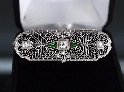 $2500 Vintage 14K White Gold Synthetic Green Emerald Diamond Art Deco Pin Brooch - Image 1 of 4