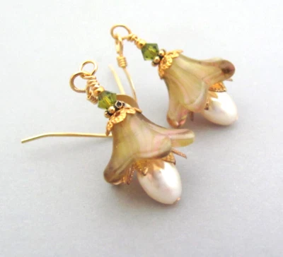 Flower Earrings Vintage Glass Green Crystal Pearls Gold Plate Fantasy Ren Faire - Image 1 of 4