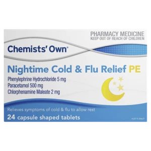 Chemists' Own Nightime Cold & Flu Relief PE 24 Tablets Reduces Fever Congestion - Picture 1 of 2