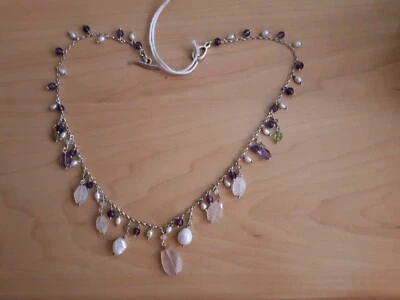 Collar de perlas, amatista, peridoto y cuarzo rosa de plata esterlina hecho a mano  Foto 1 de 4