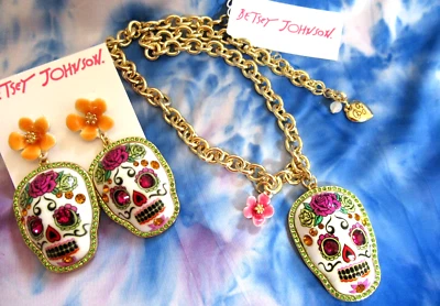 BETSEY JOHNSON Skull Sugar Skull Dia De Los Muertos Earrings & Pendant Necklace - Image 1 of 4