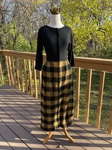 1960s Hostess Gown Wool Bouclé Blk Tan checkered dolman XS EUC - Picture 1 of 12