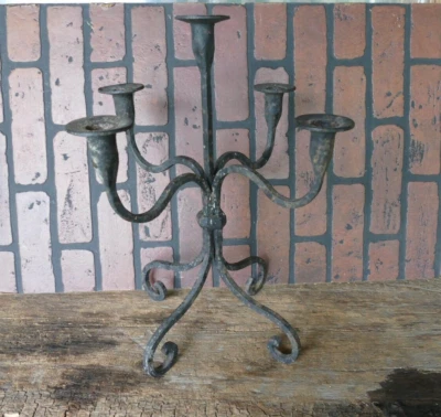 antique primitive medieval style wrought iron 5 candle table top candelabra 17 " - Image 1 of 4