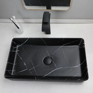 Juego de grifo mezclador de lavabo de encimera de lavabo de cerámica negra rectangular - Imagen 1 de 7
