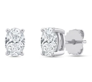 Aretes solitarios de diamantes cultivados en laboratorio ovalados de 1 quilate a 2 quilates de oro de 14 k con certificación IGI - Imagen 1 de 25