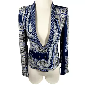 Zara Mulberry Silk Blue Gold Lightweight Jacket Blazer Sz XS - Picture 1 of 8