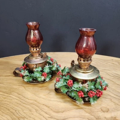 2 MCM VTG MINIATURE 4.5" RED GLASS BRASS PLATED OIL LAMPS CHRISTMAS HONG KONG - Image 1 of 4