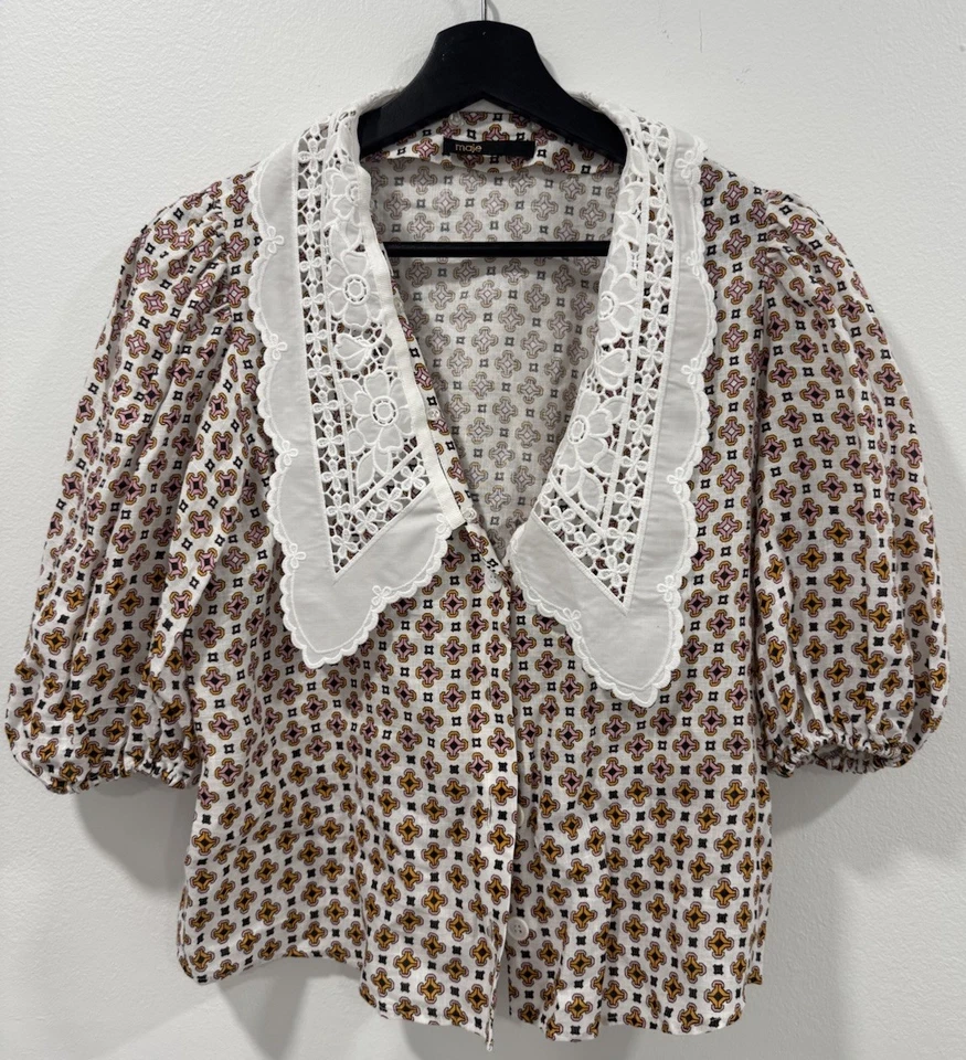 MAJE Cosange Embroidered Collar Printed Linen Shirt size 1 - Image 1 of 4