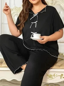 Women's two piece pajama set black/white plus 5XL - Picture 1 of 6