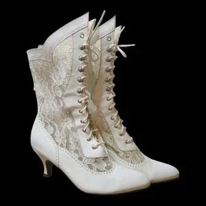 Vintage weiße viktorianische Western-Hochzeitsstiefel Leder & Spitze Größe 8,5 Braut Steampunk - Bild 1 von 9