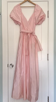Vintage 1980’s Dress Long Pink Taffeta Puff Sleeves Cross Front Neckline - Image 1 of 4