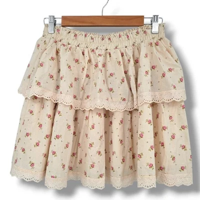 Linda falda floral con volantes en capas para mujer talla mediana rosa crema encaje rosa Foto 1 de 4