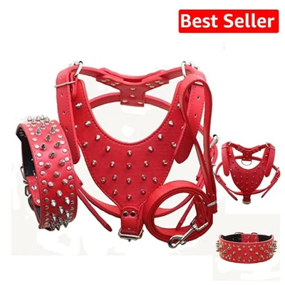 Elegante juego de collar, arnés y correa de púas rojas para perros medianos a grandes Foto 1 de 4
