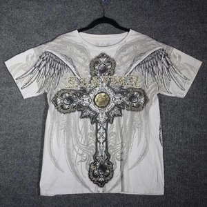 Affliction Type T Shirt Mens L White Cross Angel Wings Grunge Goth Skater Y2K - Picture 1 of 8