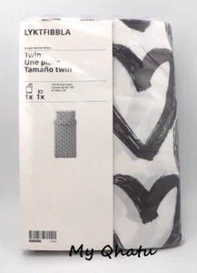 IKEA LYKTFIBBLA Twin Duvet Cover & Pillowcase Case Set Gray/White Hearts NEW - Picture 1 of 5