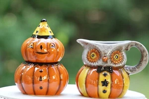 Johanna Parker Halloween Pumpkin Owl Cream Sugar Set New - Picture 1 of 11