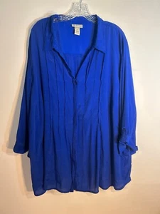 Catherines Sz 3X Cobalt Blue Button Up Pleated Semi Sheer Blouse Top - Picture 1 of 6