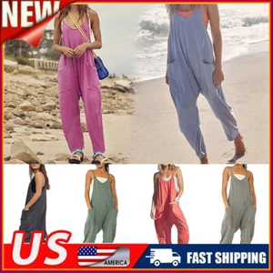 Women's Strappy Overalls Bib Pants Ladies Casual Loose Jumpsuit Romper Bodysuit - Picture 1 of 28