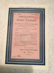 GERMANY Municipal Bond 1922 Leipzig City 1000 MARK Dr Rothe Banknote Bill Loan - Picture 1 of 2