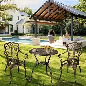 3-Piece Outdoor Bistro Set, Cast Aluminum Patio Table+Chairs w/Umbrella Hole - Picture 1 of 36