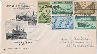 FDC 1946 Merchant Marines, 5 Stamp Combo, Posted to Saint Louis (23) Missouri - Image 1 of 2