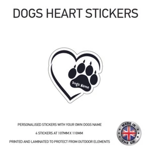 4 personalisierte Namensaufkleber Herz Pfote Hund 107 mm x 110 mm DHS02 - Bild 1 von 9