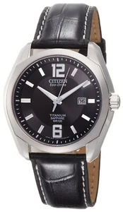 Citizen Eco-Drive Men's Watch Sapphire Crystal Titanium Case Black Leather Strap - Picture 1 of 17