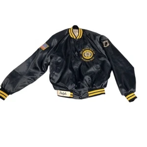 WestArk USA Mens Black Yellow Stripes 80's Jay Wilson Satin Bomber Jacket Large. - Picture 1 of 5