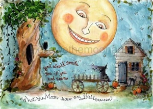 You would smile too if you had seen Moon Halloween Witch Cat  Art Print  - Picture 1 of 5