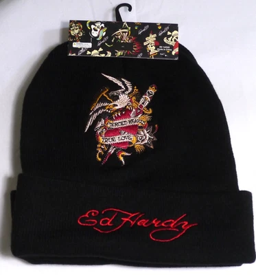NEW Ed Hardy 2 Pk Men Beanie Hats Embroidered Tattoo Eagle Gagger Pierced Hearts - Image 1 of 4