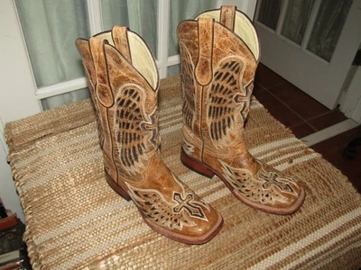 费里尼棕褐色方头翅膀交叉镶嵌女牛仔西部靴女式 7 B — 第 1/4 张图片