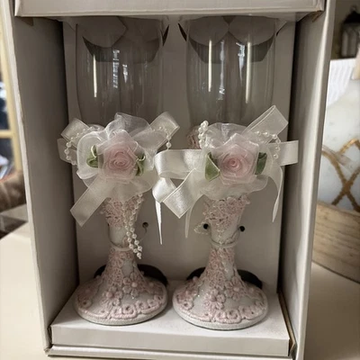 Pink And White Wedding Champagne Glasses - Image 1 of 2