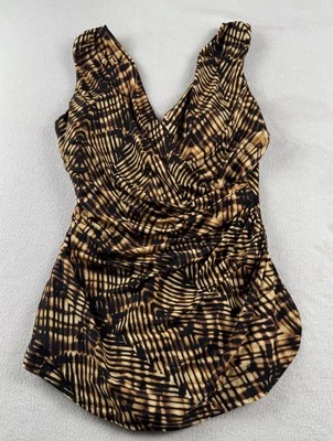 WOMEN'S LANDS' END SWIM BATHING SUIT SARONG FRONT SIZE 12 Black Brown Print - Image 1 of 4