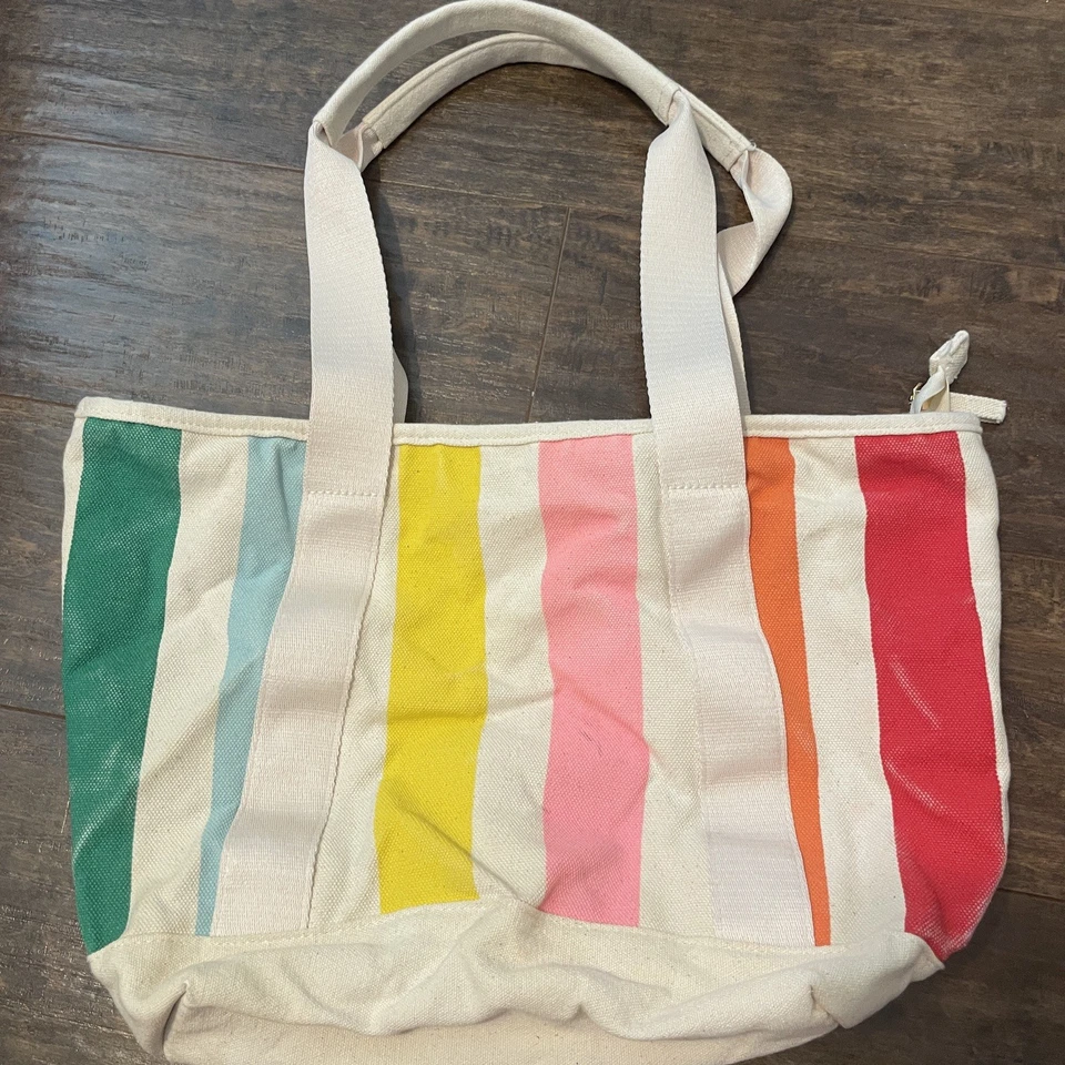 Old Navy Canvas Tote Travel Picnic Shopping Bag CREAM RAINBOW 🌈 COLORS ❣️ - Image 1 of 4