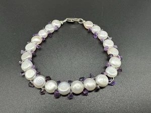 925 Sterling Silver Pearl Amethyst Gemstone Link Bracelet - Picture 1 of 7