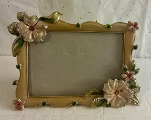 Vintage Enamel Photo Art Frame w/ Rhinestones Flowers - Picture 1 of 8