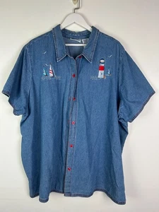 Blair Jeanshemd maritim bestickt Segelboot Leuchtturm Boot 3XL Übergröße 3X - Bild 1 von 5