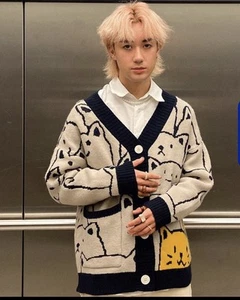 Aelfric Eden Cartoon Cat Print Knit Button Up V Neck Cardigan Navy Cream Size M - Picture 1 of 10